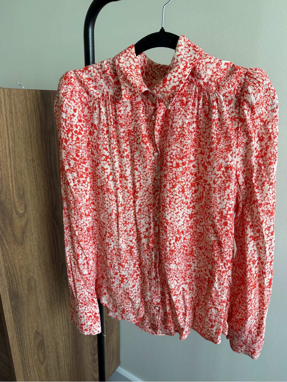 Almae France Red & White Printed Puff Shoulder Long Sleeve Blouse Size 3 (M/L) - Picture 5 of 10